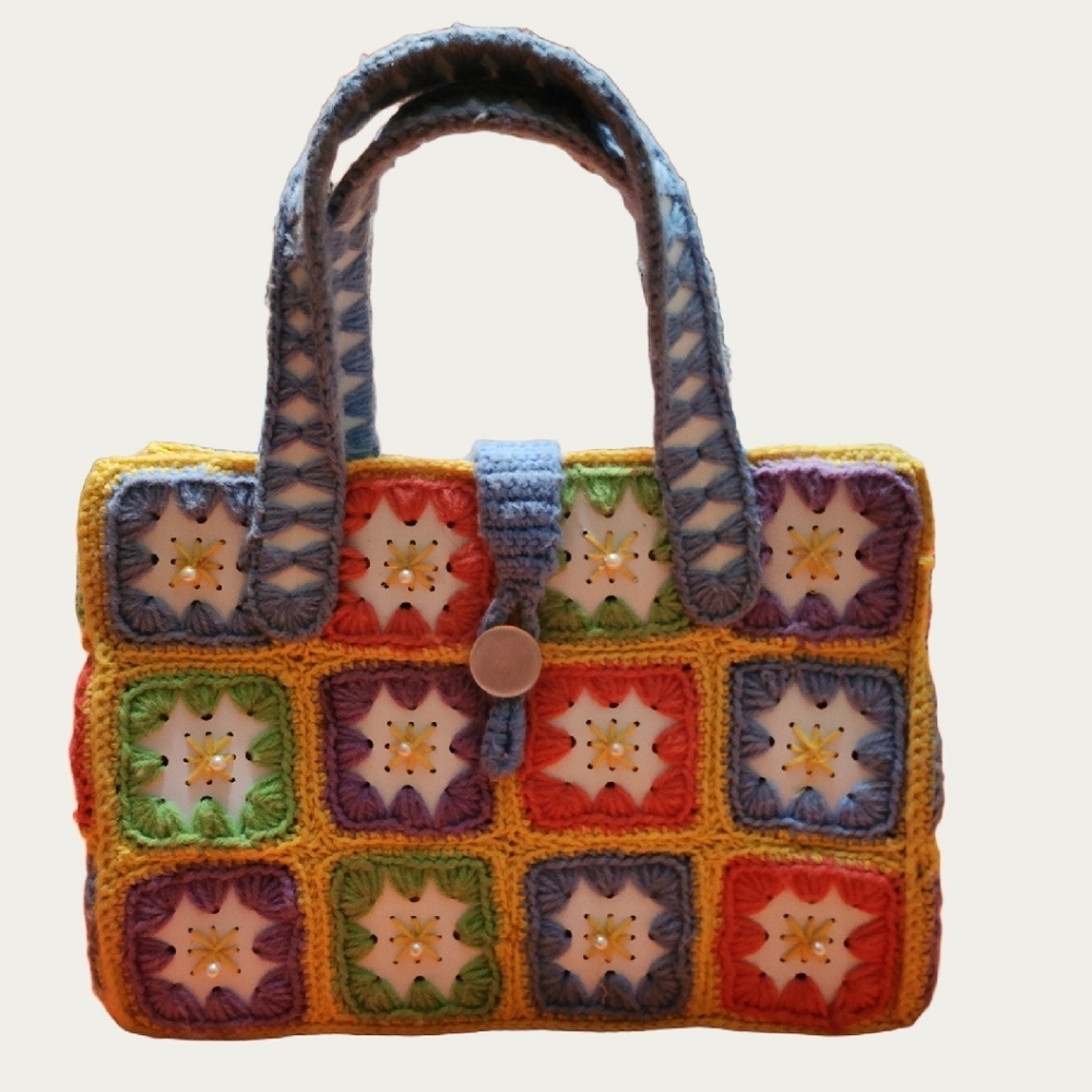 Bohemian VINTAGE  Colorful CRAFTED Crochet Tote Bag - Picture 9 of 16